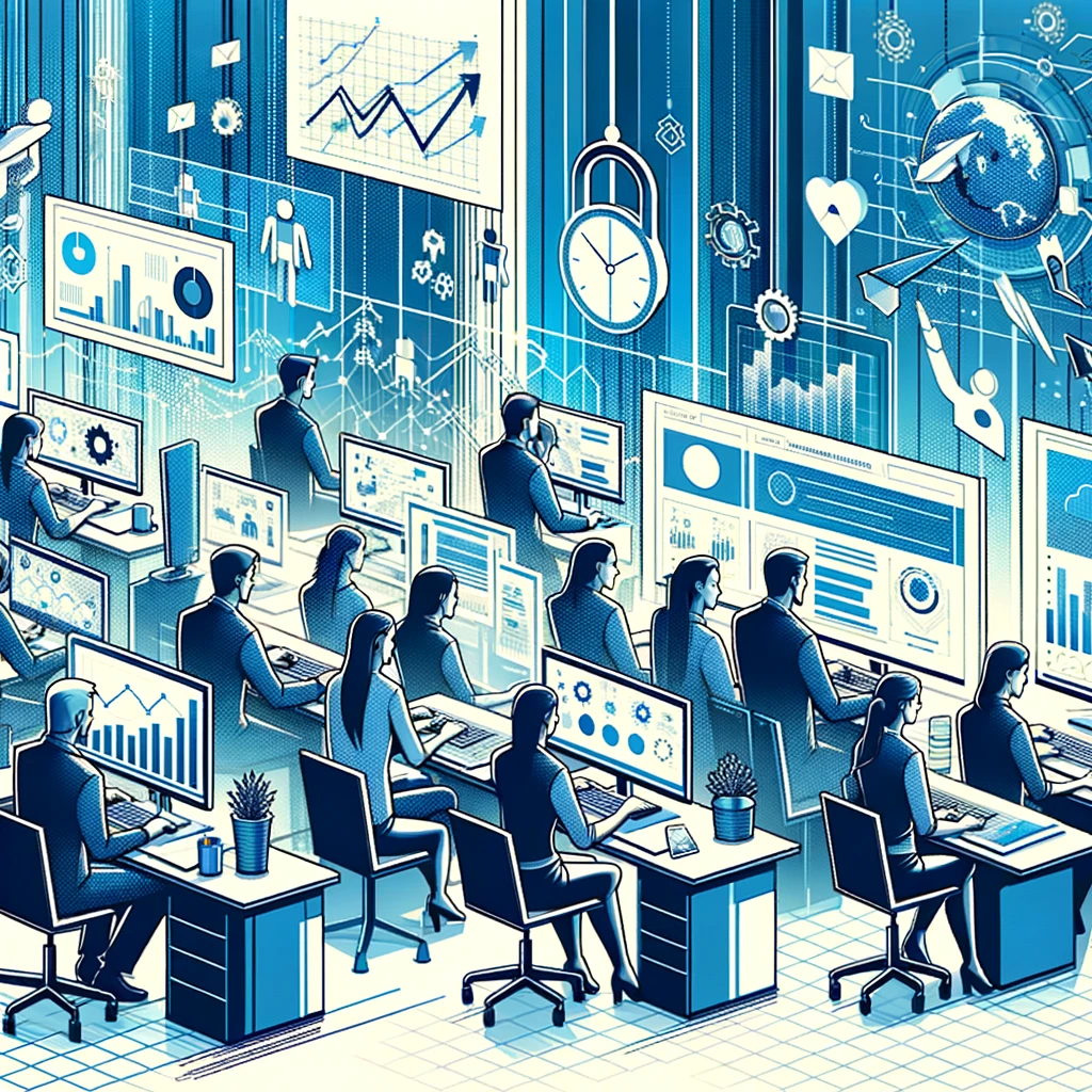 image of multiple people working in an office with dashboards appearing on the screen