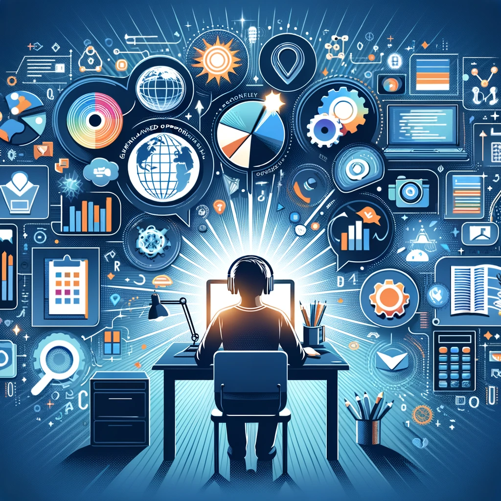 a boy sitting at a desk with graphical art surrounding him - skill development