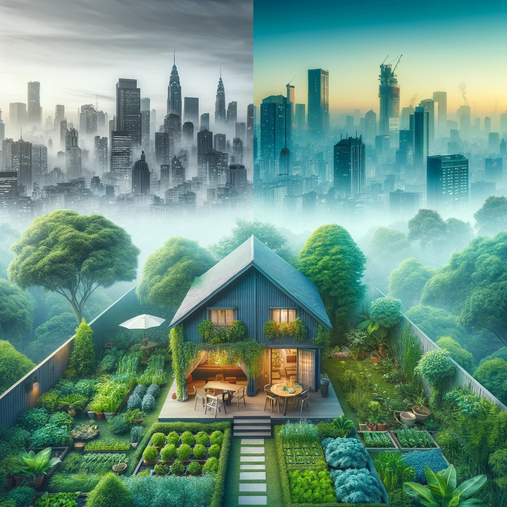 picture of a home surrounded by lush greenery with a cityscape in the background, split in the middle, the left side gray and white, the other colorful with a hopeful looking sky