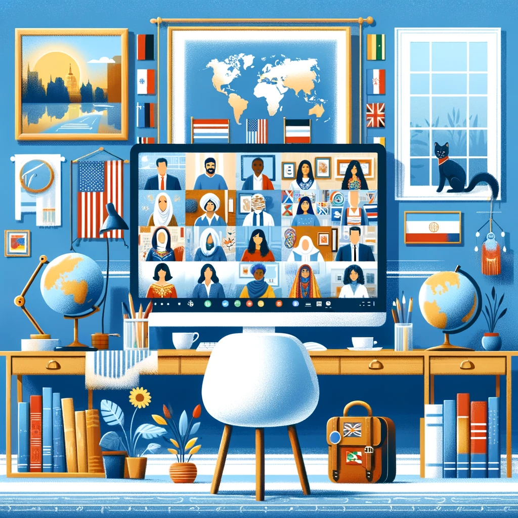 screen with people from different cultures, flags in background